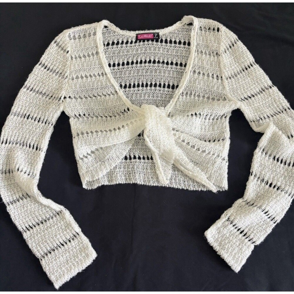 Say What Crochet Cream/white Knit Tie Up Sweater